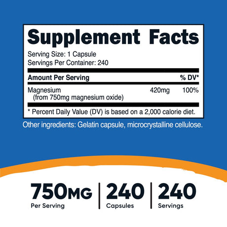 Nutricost Magnesium Oxide Supplement 750Mg, 240 Capsules