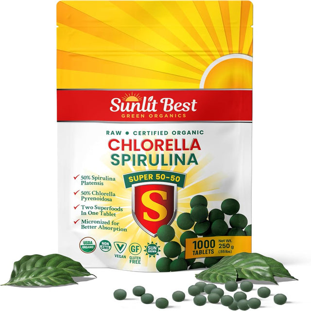 Sunlit Super 50/50 Organic Chlorella Spirulina Tablets - Super Greens Supplement for Immune Support, Gut Health, Mood & Energy - Rich in Chlorophyll, Amino Acids & Vegan Protein, 1000 Superfood Tabs