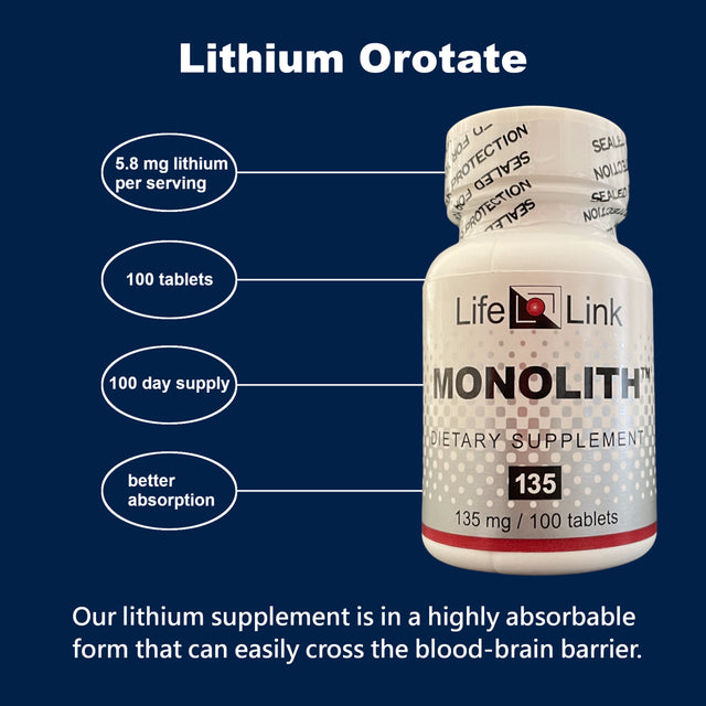 Lifelink'S Monolith (Lithium Orotate) | 135 Mg X 100 Tablets | Cognition and Mood Enhancement | Gluten Free & Non-Gmo | Made in the USA