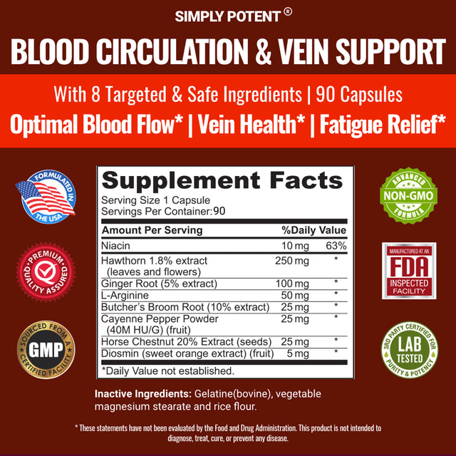 Blood Circulation & Vein Support Supplement, 90 Caps, Helps Reduce Spider and Varicose Veins, Supports Vessels, Leg and Cardiovascular Health with Niacin, L-Arginine, Ginger, Cayenne Pepper, Hawthorn