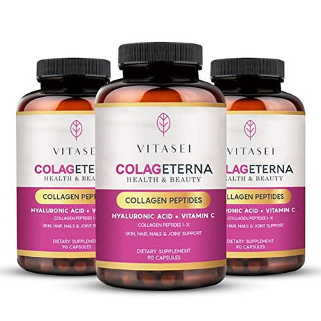 Vitasei Colageterna Collagen Peptides Capsules, Keto Pills Brain Booster Supplement W/Hyaluronic Acid, Vitamin C, Hydrolyzed Collagen Proteins for Healthy Skin, Gut Health & Joints, 90 Capsule (3Pack)