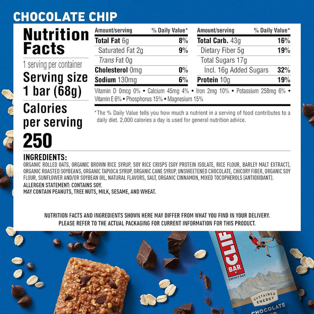 CLIF BAR - Chocolate Chip - Made with Organic Oats - 10G Protein - Non-Gmo - Plant Based - Energy Bars - 2.4 Oz. (12 Pack)