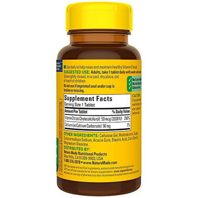 Nature Made Vitamin D3, 100 Tablets, Vitamin D 2000 IU (50 Mcg) Helps Support Immune Health, Strong Bones and Teeth, & Muscle Function, 250% of the Daily Value for Vitamin D in One Daily Tablet