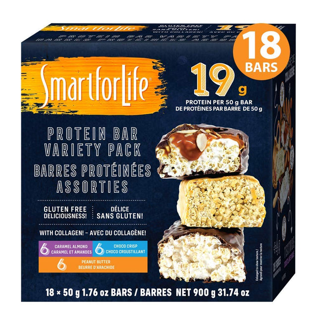 Smart for Life - High Protein, Low Sugar Bar Variety Pack, Gluten Free Caramel Almond, Chocolate & Peanut Butter Chocolate Crunchy Meal Replacement Bars Works with Cookie Diet Non-Gmo 18Ct