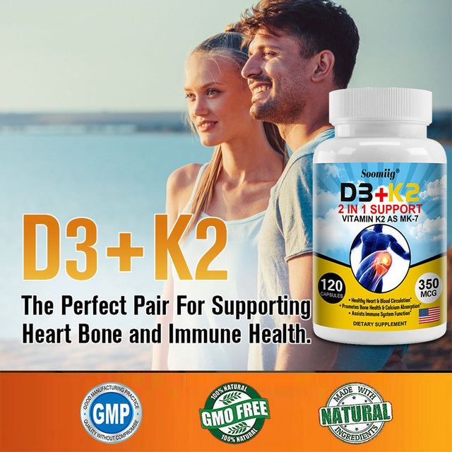 Soomiig D3+K2 Supplement 2-In-1 Supports Vitamin K2 as MK-7 to Support Heart, Blood Circulation, Bones, Colon Absorption