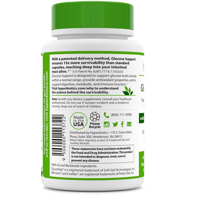 Hyperbiotics Glucose Support W/ Banaba Extract and Vitamin D3 - 7 Targeted Strains - Maintain Healthy Blood Sugar Levels, Digestive & Metabolic Health - 60 Time Release Tablets