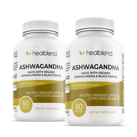 Healblend Organic Ashwagandha Supplement 1300Mg with Black Pepper Extract - Supports Stress Relief, Immune, Energy, Stamina & Mood, 100% Pure - 60 Capsules 2-Pack