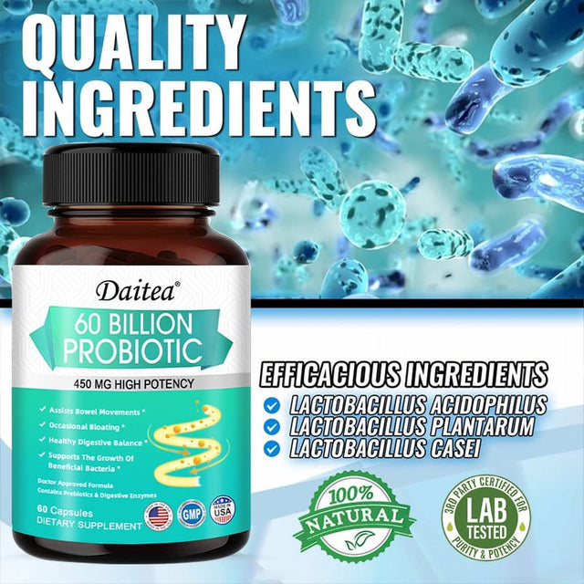 Daitea Probiotics 60 Billion + Probiotic Blend Capsules - 450 Mg per Serving - Gut Health, Digestion, Bloating, Constipation, Heart, Immune Support Supplement