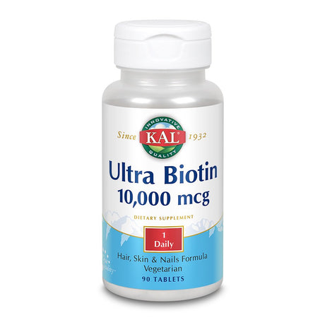 KAL Ultra Biotin 10,000 Mcg | Healthy Hair Growth Formula | Skin & Nail Health Support | Vegetarian | 90 Tabs, 90 Serv.