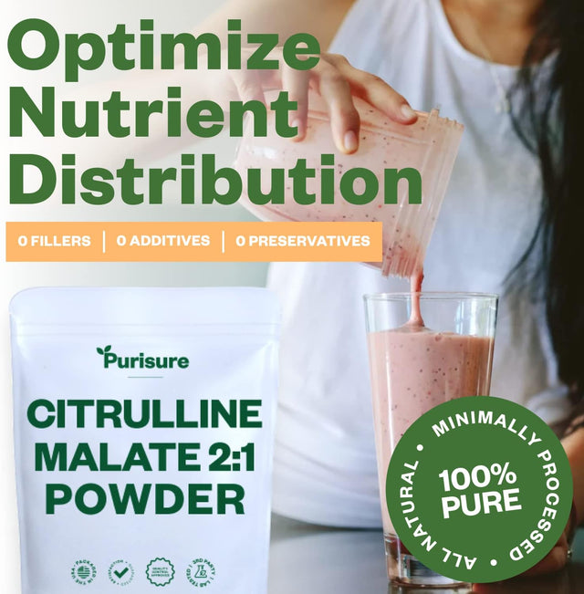 Purisure L-Ctrulline Powder 250G, Premium Citrulline 2:1 Malate Supplement for Strength Performance and Energy, Pre-Workout Citrulline Malate Powder - Enhance Muscle Pumps and Recovery - 83 Servings