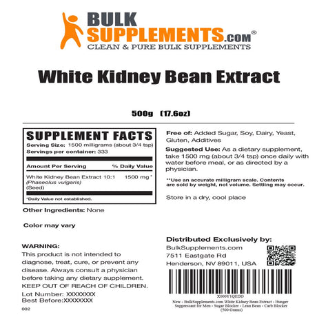 Bulksupplements.Com White Kidney Bean Extract - Hunger Suppressant for Men - Sugar Blocker - Lean Bean - Carb Blocker (500 Grams - 1.1 Lbs)