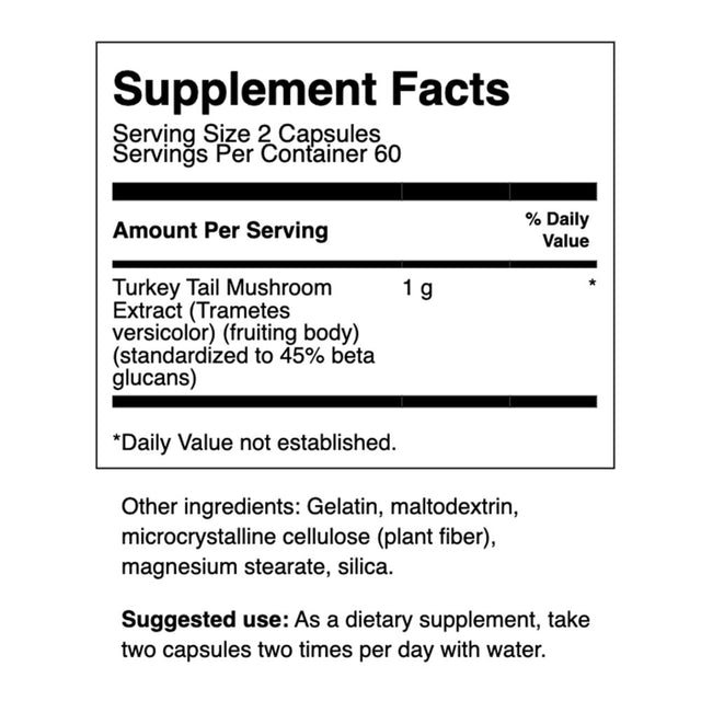 Swanson Turkey Tail Mushroom Extract Standardized to 45% Beta Glucans Capsules to Maintain Immune Health, 500 G, 120 Count