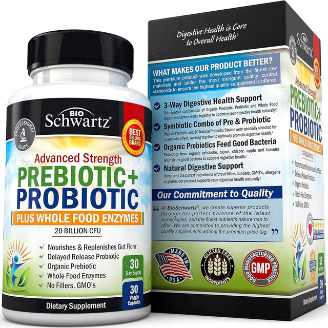 Bioschwartz Prebiotic + Probiotic plus Whole Food Enzymes | for Complete Digestive Support | 30 Ct