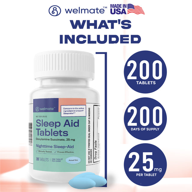 Welmate Sleep Aid - Doxylamine Succinate 25 Mg - Insomnia Support - USA Made - 200 Count Tablets