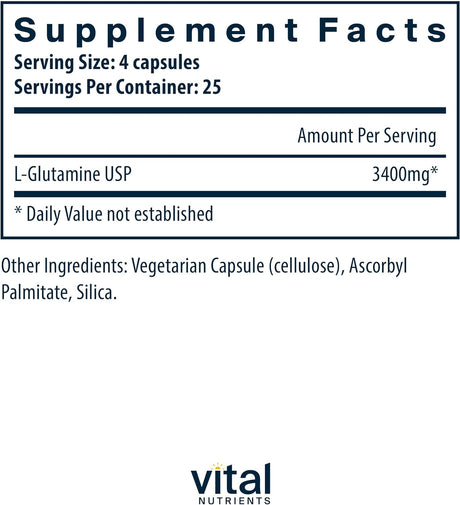 Vital Nutrients - Glutamine - Gastrointestinal and Immune Support - 100 Vegetarian Capsules per Bottle - 3400 Mg