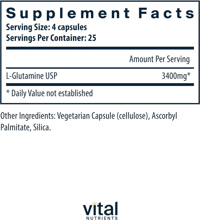 Vital Nutrients - Glutamine - Gastrointestinal and Immune Support - 100 Vegetarian Capsules per Bottle - 3400 Mg