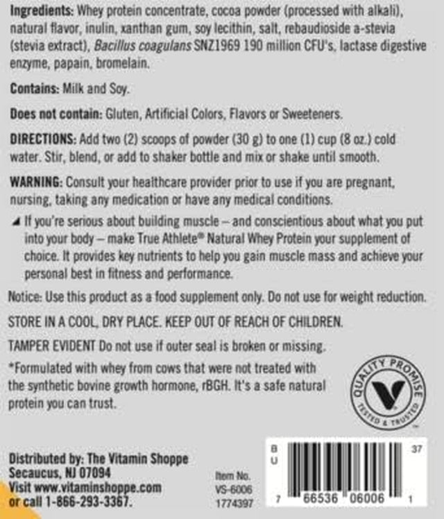 True Athlete Natural Whey Protein - Chocolate, 20G of Protein per Serving - Probiotics for Digestive Health, Hormone Free (1.5 Pound Powder)