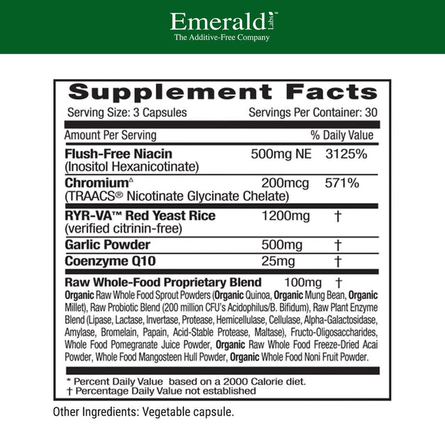 Emerald Labs Cholesterol Health with Flush-Free Niacin, Coq10, Red Yeast Rice to Support Healthy Cholesterol Levels, Heart Health Support, and Blood Circulation Support - 90 Vegetable Capsules