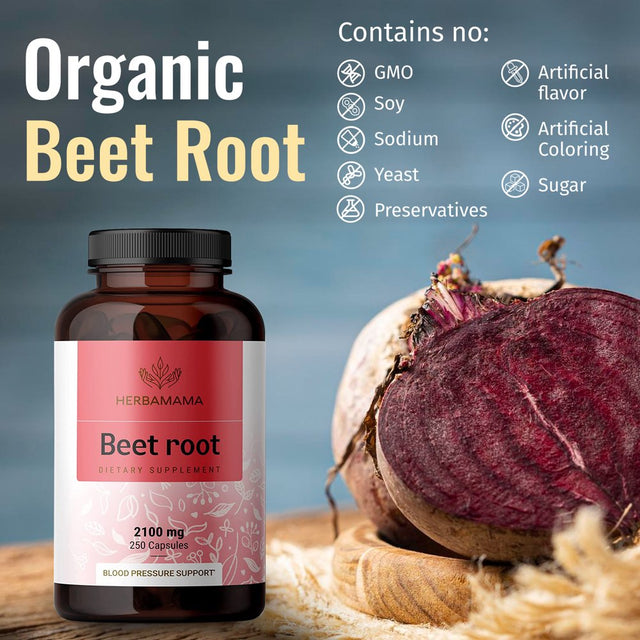 HERBAMAMA Beet Root Capsules - Blood Pressure Support, Immune Boost , 250 Caps