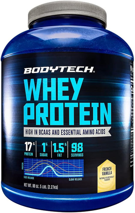 BODYTECH Whey Protein Powder - with 17 Grams of Protein per Serving & Amino Acids - Ideal for Post-Workout Muscle Building, Contains Milk & Soy - Vanilla (5 Pound)