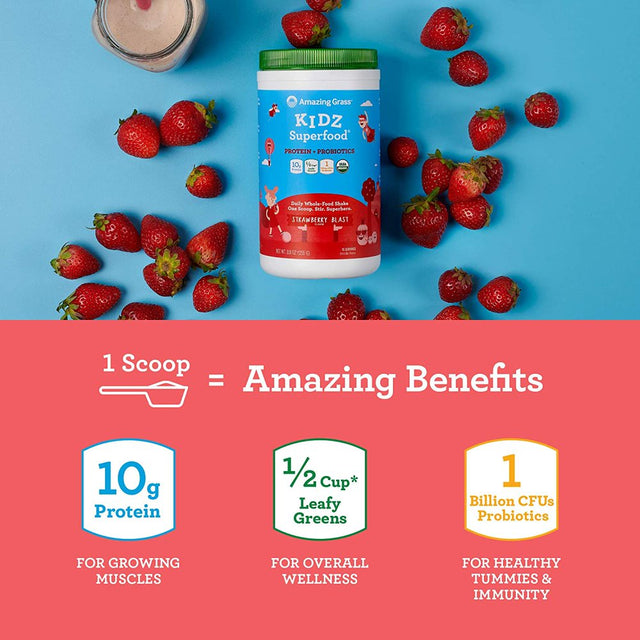 Amazing Grass Kidz Superfood: Vegan Protein Probiotics for Kids with Beet Root Powder 1/2 Cup of Leafy Greens, Strawberry Blast, 15 Servings