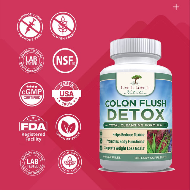 Colon Flush Detox (60 Caps) by Live It Love It, Colon Cleanse Capsules Probiotic Support Weight Loss