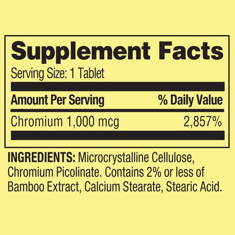 Spring Valley Chromium Metabolism Support Dietary Supplement Tablets, 1,000 Mcg, 100 Count
