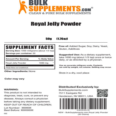 Bulksupplements.Com Royal Jelly Powder, 1000Mg - Brain & Immune Support Supplement (50G - 50 Servings)