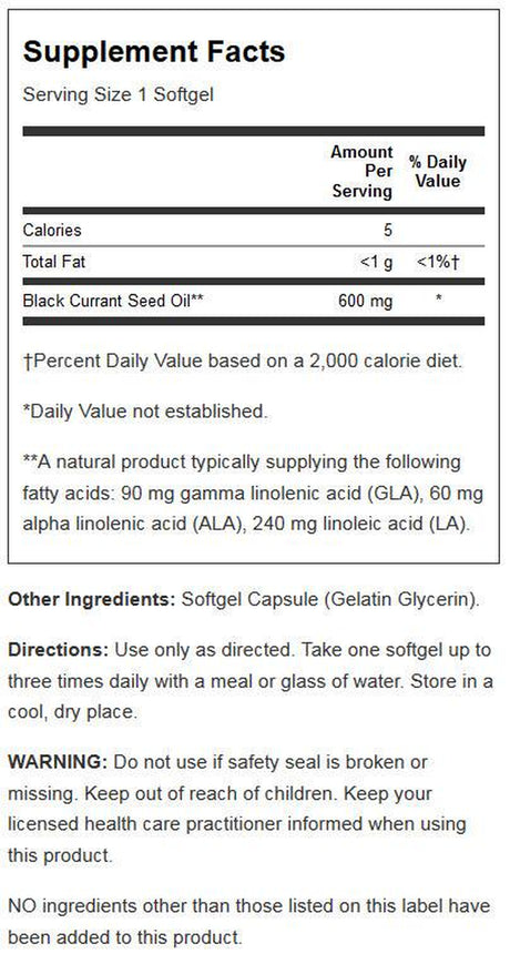 Solaray Black Currant Seed Oil 600 Mg | Gamma Linolenic Acid (GLA) | Healthy Skin, Hair, Joints, Vascular & Immune Function Support | 90 Softgels