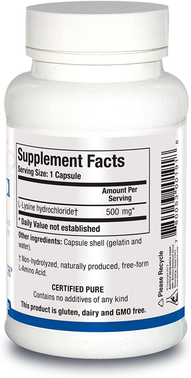 BIOTICS Research L Lysine HCI Amino Acid L Lysine Supplement Promotes Energy, Boosts Immunity, Stimulates Calcium Absorption 100 Capsules