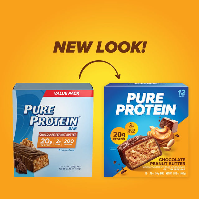 Pure Protein Bars, Chocolate Peanut Butter, 20G Protein, Gluten Free, 1.76 Oz, 12 Ct