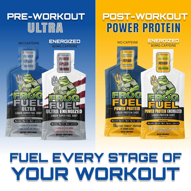 Frog Fuel Ultra Pre Workout Shot with 1500Mg Beta Alanine, Electrolytes 8G Protein Nano-Hydrolyzed Grass Fed Collagen, 10G Carbs, Gluten Free, Fat Free, Berry, 1.2 Oz Packets, 24 Pack