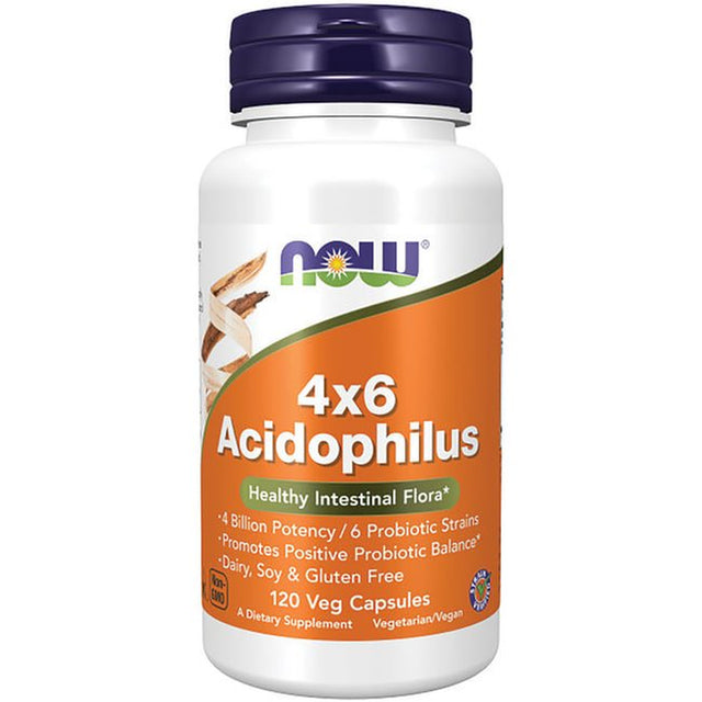 NOW Supplements, Acidophilus 4X6, 4 Billion Potency with 6 Probiotic Strains, Strain Verified, 120 Veg Capsules