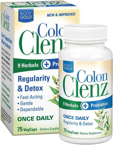 Body Gold Colon Clenz Regularity & Detox Formula | Once Daily Support with 9 Herbs + Active Probiotics | 75 CT