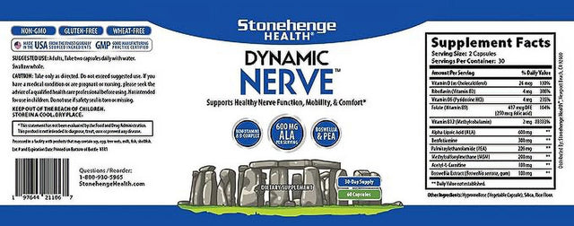 Stonehenge Health Dynamic Nerve Supplement - Supports Nerve Function in Fingers, Toes, Hands, and Feet with Alpha Lipoic Acid ALA, Benfotiamine, Pea, Robust B Complex, Boswellia