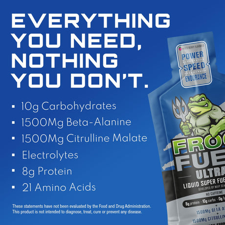 Frog Fuel Ultra Pre Workout Shot with 1500Mg Beta Alanine, Electrolytes 8G Protein Nano-Hydrolyzed Grass Fed Collagen, 10G Carbs, Gluten Free, Fat Free, Berry, 1.2 Oz Packets, 24 Pack