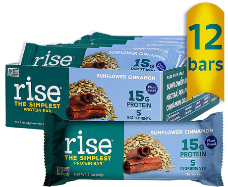 Rise Pea Protein Bar- Vegan Sunflower Cinnamon, Soy Free, Paleo Breakfast & Snack Bar, 15G Protein, 5 Natural Whole Food Ingredients, Simplest Non-Gmo, Vegan, Gluten-Free, Plant Based Protein, 12 Pack