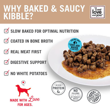 "I and Love and You" Baked and Saucy Dry Dog Food with Gravy Coating, Beef and Sweet Potato Recipe, Grain Free, Coated in Bone Broth, Prebiotics and Probiotics, Real Meat, No Fillers, 10.5 Lb Bag