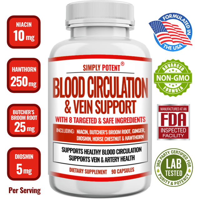 Blood Circulation & Vein Support Supplement, 90 Caps, Helps Reduce Spider and Varicose Veins, Supports Vessels, Leg and Cardiovascular Health with Niacin, L-Arginine, Ginger, Cayenne Pepper, Hawthorn