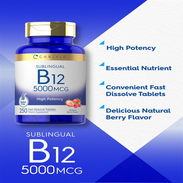 Vitamin B12 5000Mcg | 250 Vegetarian Tablets | Natural Berry Flavor | by Carlyle