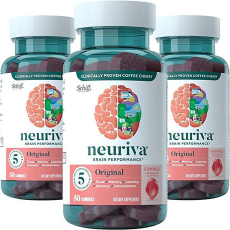 Neuriva Original Brain Health Support Strawberry Gummies (50 Count), Brain Support with Phosphatidylserine & Decaffeinated, Clinically Tested Coffee Cherry, 3 Pack