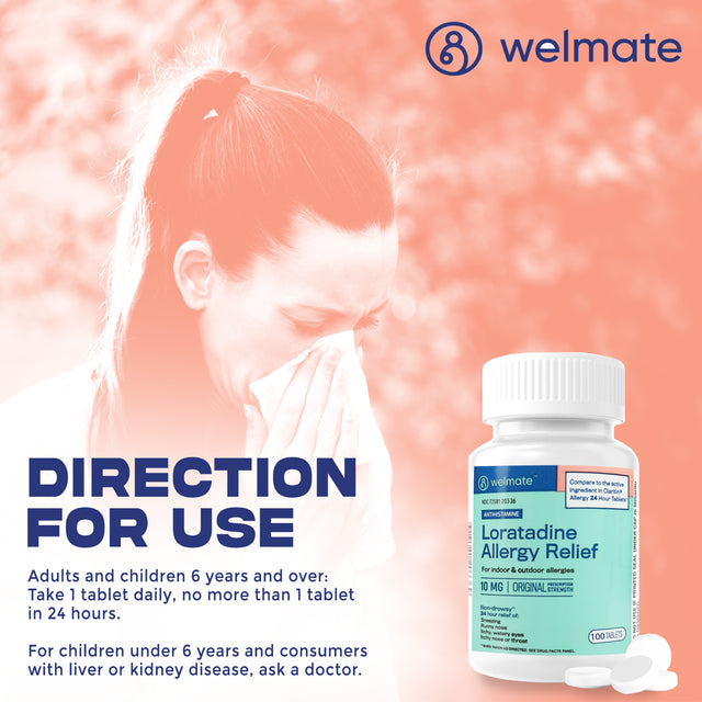 WELMATE Antihistamine Allergy Relief - Loratadine 10Mg - 24 Hour Relief - 100 Count Tablets