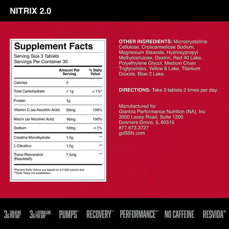 BSN NITRIX 2.0 - Nitric Oxide Precursors, 3G Creatine, 3G L Citrulline - Supports Workout Performance, Pumps, Muscle Recovery and Endurance - 90 Tablets