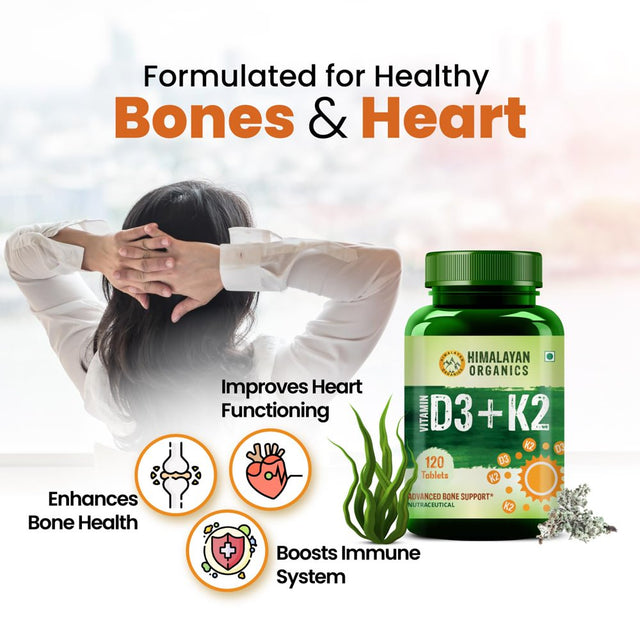 Himalayan Organics Vitamin D3 600 IU + K2 as MK7 Supplement | Supports Stronger Immunity & Bone & Heart Health | Healthy Heart for Men and Women - 120 Veg Tablets