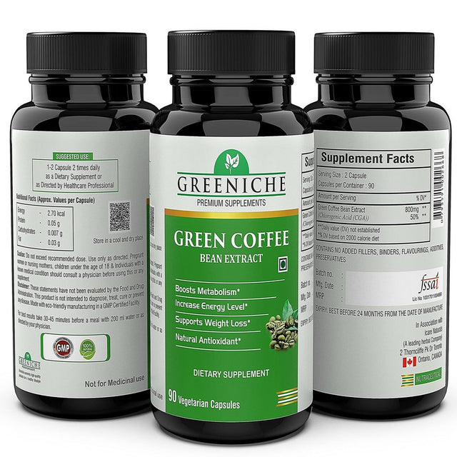 Greeniche Green Coffee Bean Extract 800Mg Max Potency 50% Chlorogenic Acids, Raw Green Coffee Antioxidant Supplement & Metabolism Booster for Weight Loss - 90 Capsules (P