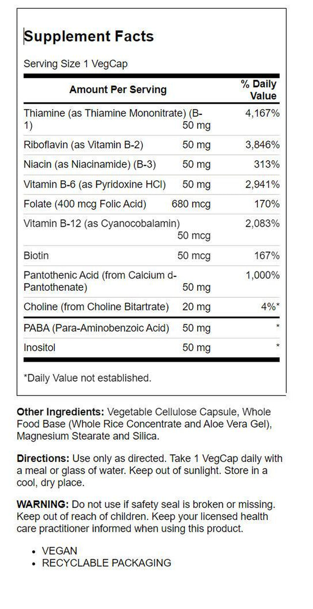 Solaray Vitamin B-Complex, Healthy Energy & Red Blood Cell Formation Support & More, 100 Servings, 100 Vegcaps