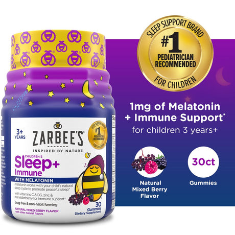 Zarbee'S Kids Sleep + Immune Health Gummies with 1Mg Melatonin, Berry, 30Ct