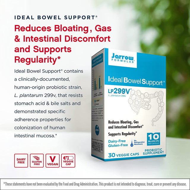 Jarrow Formulas Ideal Bowel Support - 10 Billion CFU per Serving - Bowel Support - Reduces Bloating, Gas & Intestinal Discomfort - up to 30 Servings (Veggie Caps)