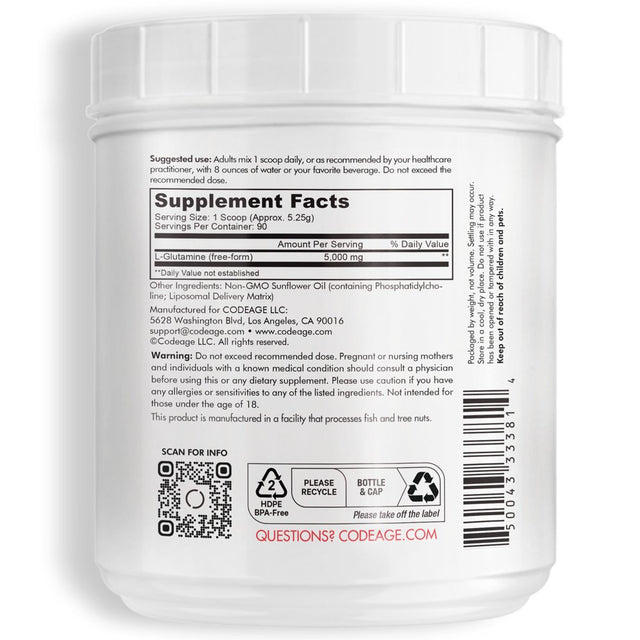 Codeage Liposomal L-Glutamine Powder 5000Mg, Free-Form Amino Acid, Performance Muscles Support, 1Lb