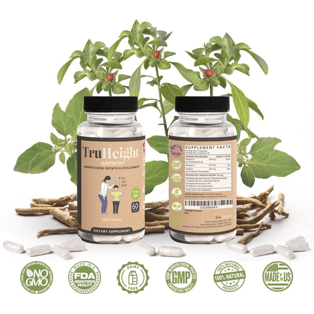 Truheight Capsules - Height Growth Supplement - Grow Taller with Vital Nutrients for Kids & Teens - Keto with Ashwaganda & Nanometer Calcium - Increase Bone Strength, Ages 5+